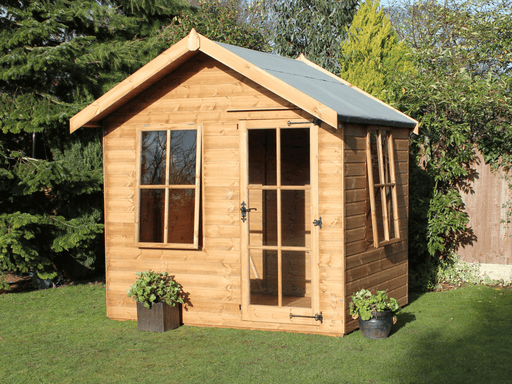 Wooden Summerhouse with single door with windows, large opening windows, one on the side, viewed from the front. 