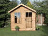 Wooden Summerhouse with single door with windows and a large opening window, viewed from the front. 