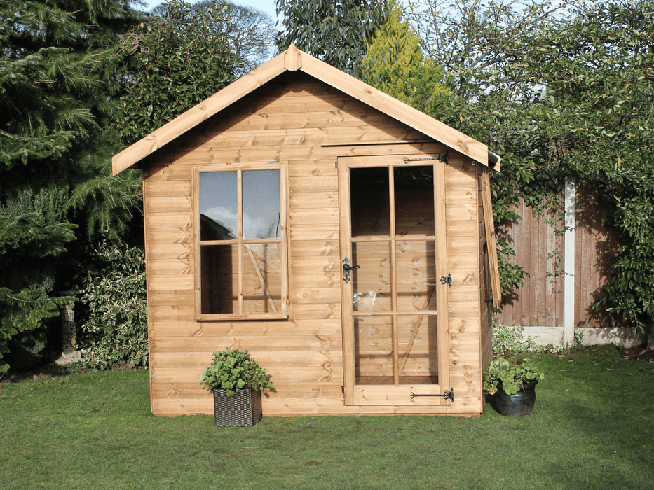 Wooden Summerhouse with single door with windows and a large opening window, viewed from the front. 