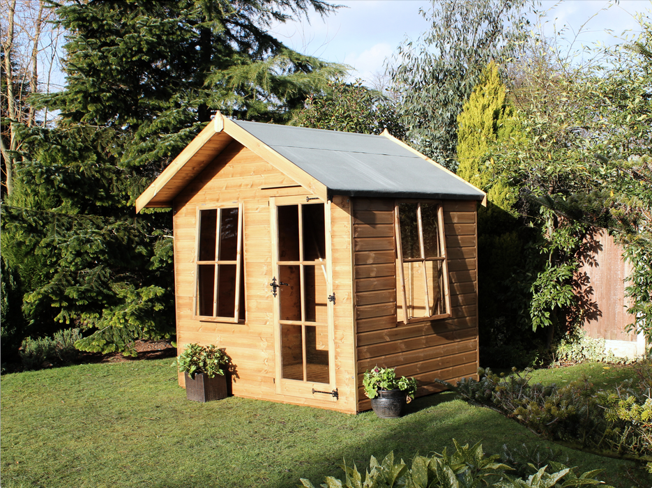 Wooden Summerhouse with large opening windows, single door with windows, viewed from right side. 