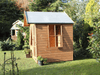 Wooden Summerhouse with large opening window, viewed from the right side. 