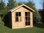 Wooden summerhouse with single door with windows, large opening window, viewed from the front. 