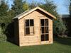 Wooden summerhouse with single door with windows, large opening window, viewed from the front. 