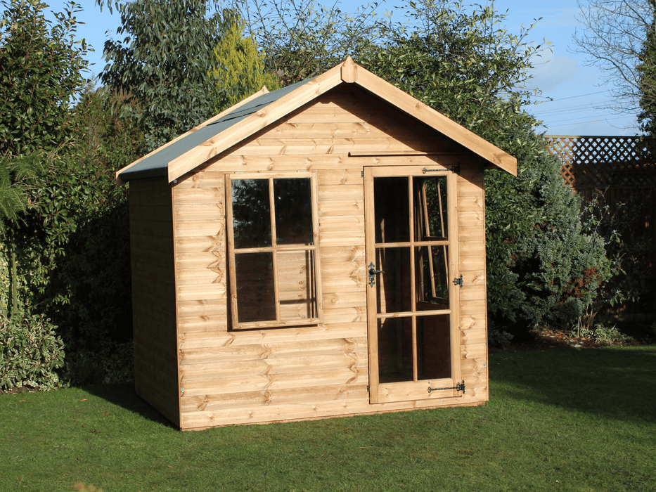 Wooden summerhouse with single door with windows, large opening window, viewed from the front. 