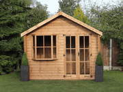 Wooden Summerhouse with large bay window, double doors with windows, viewed from the front. 