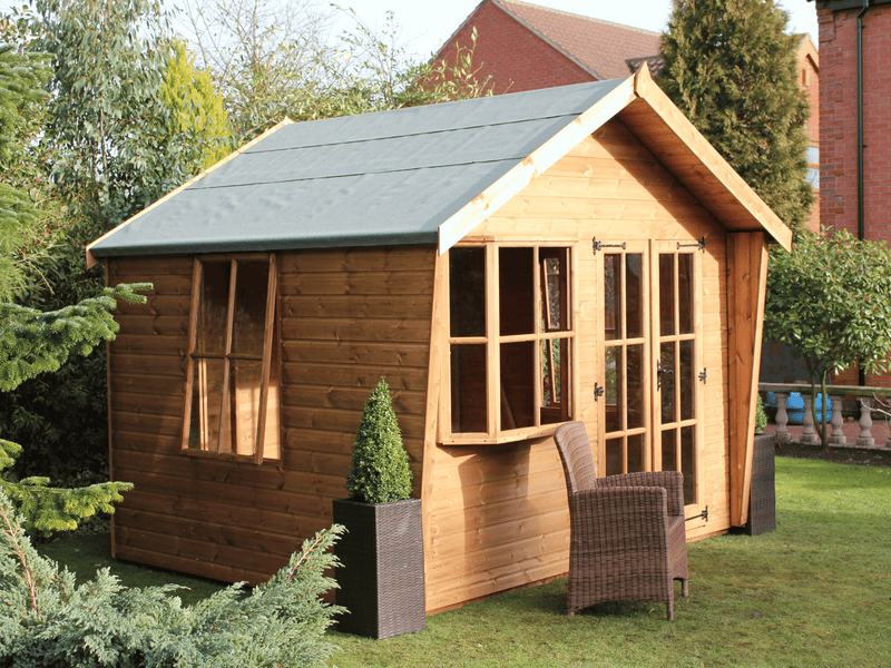 Wooden summerhouse with large bay window, double doors with windows, opening side window, viewed from left side. 
