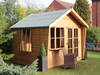 Wooden summerhouse with large bay window, double doors with windows, opening side window, viewed from left side. 