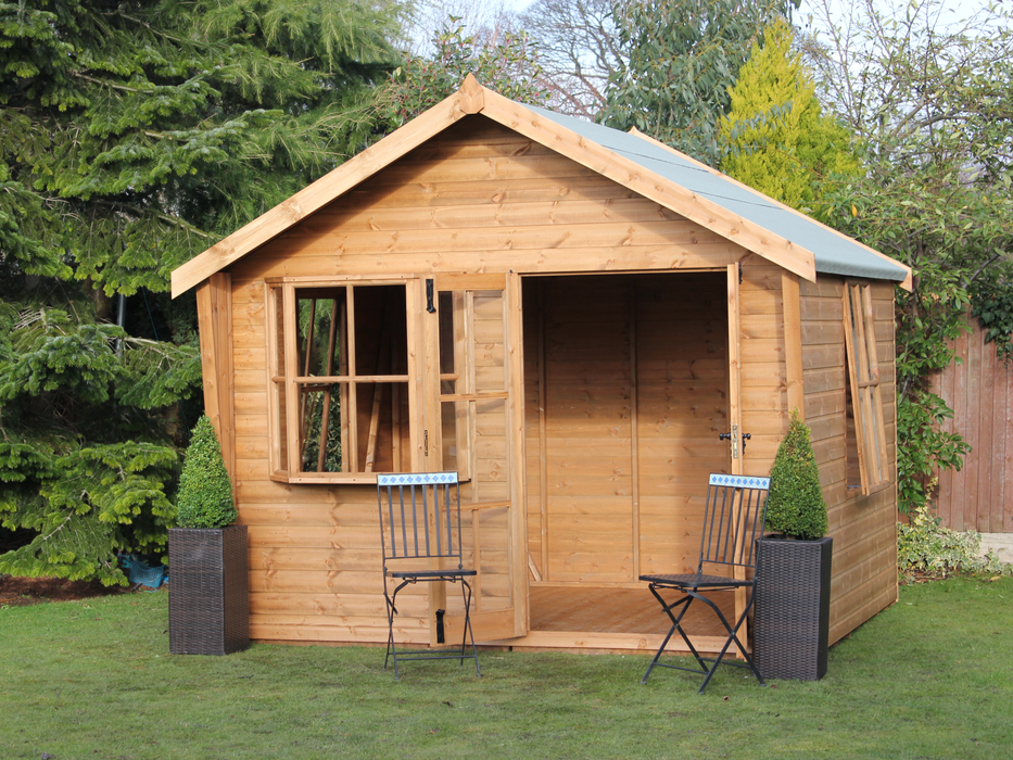 Wooden summerhouse with large bay window, double doors opened, viewed from the front. 