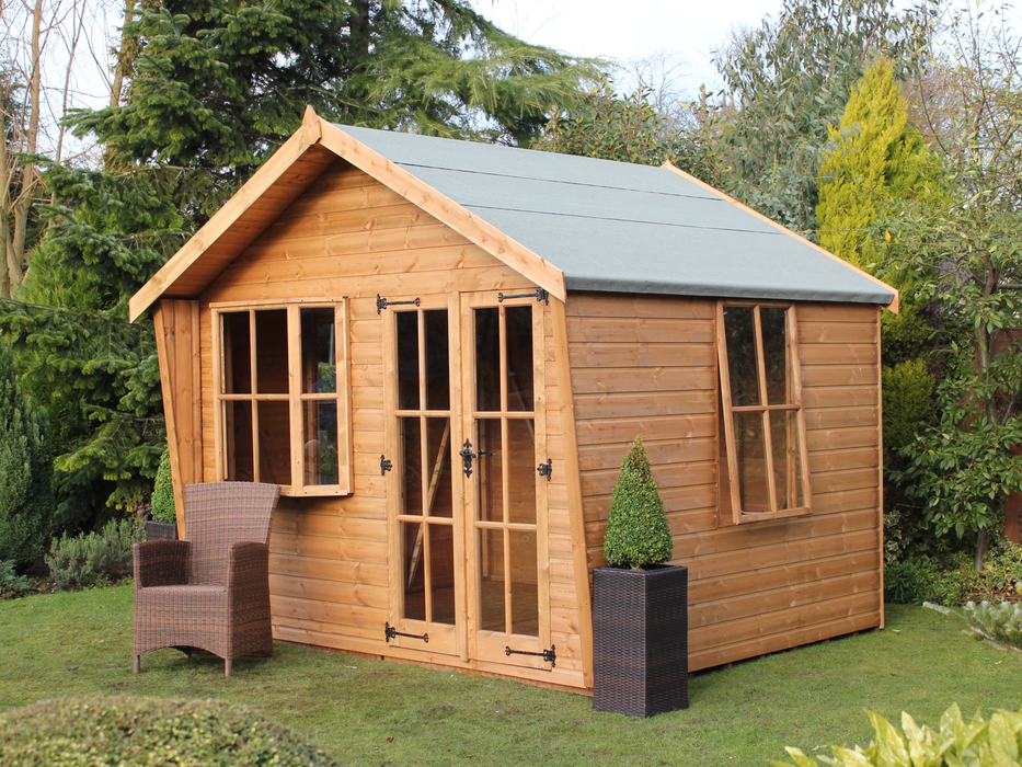 Wooden summerhouse with large bay window, double doors with windows, opening side window, viewed from the right side. 