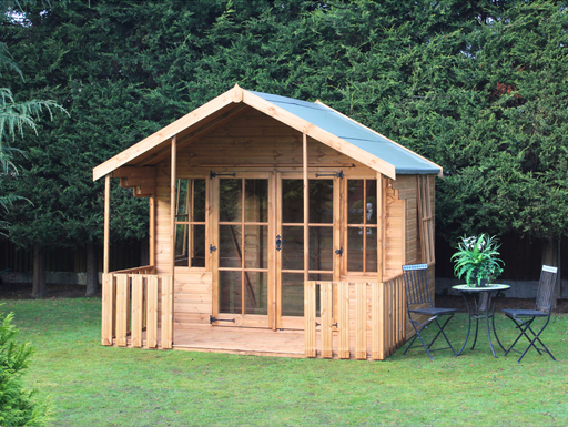 Wooden Summerhouse with large double doors with windows, tall widows, porch area viewed from the front. 