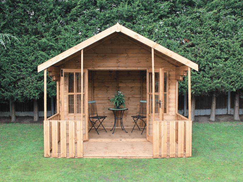 Wooden summerhouse with large double doors opened showing interior, viewed from the front. 