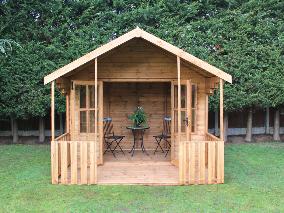 Wooden summerhouse with large double doors opened showing interior, viewed from the front. 