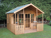 Wooden summerhouse with large double doors, porch area, side opening windows, viewed from the front/left side.