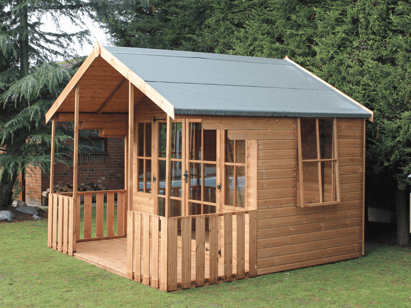 Wooden summerhouse with large double doors, porch area, side opening windows, viewed from right side. 