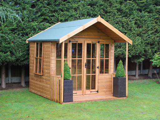 Classic wooden summerhouse with double doors with windows, side opening windows, viewed from the front/left side. 