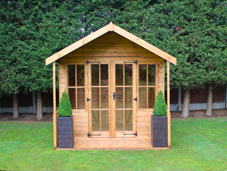 Classic wooden summerhouse with large double doors, viewed from the front. 