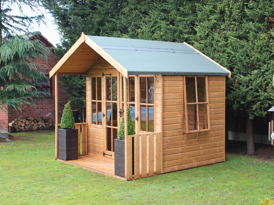 Classic wooden summerhouse with large double doors, side opening windows, viewed from the front/right side. 
