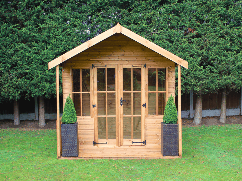 Classic wooden summerhouse with large double doors, viewed from the front. 
