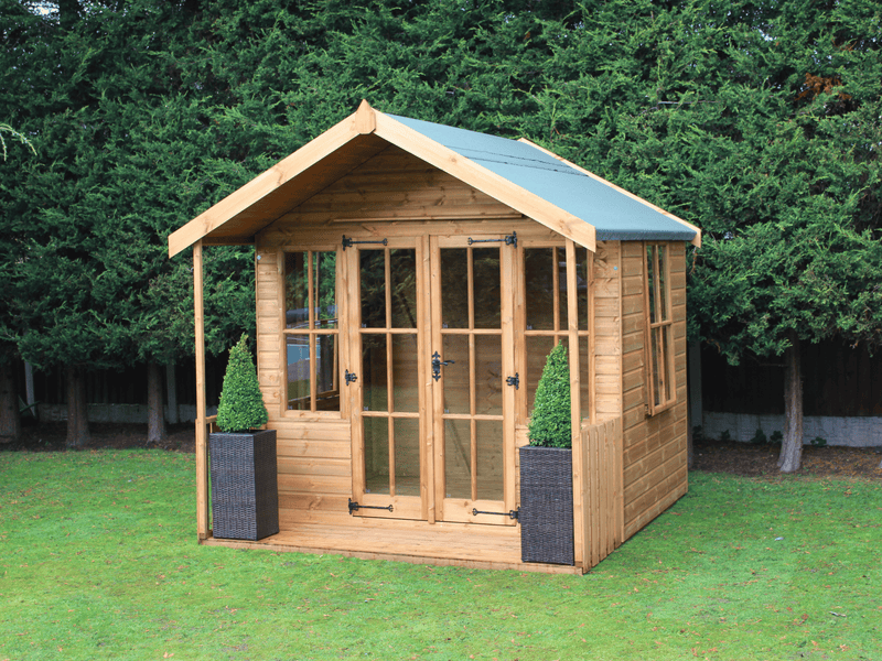 Classic wooden summerhouse with large double doors, side opening windows, viewed from front/right side. 
