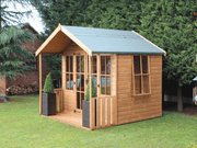Classic wooden summerhouse with large double doors, side opening windows, viewed from the front/right side. 