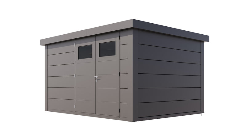 Large, dark grey metal garden building with double doors, viewed from front/right side. 