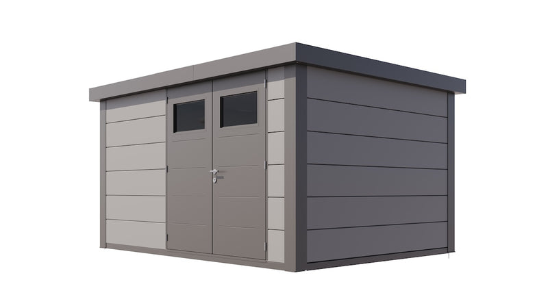 Large, light grey metal garden building with double doors, viewed from front/right side. 