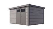 Large, light grey metal garden building with double door, viewed from the front/right side. 