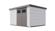 Large white metal garden building with double doors, viewed from front/right side. 