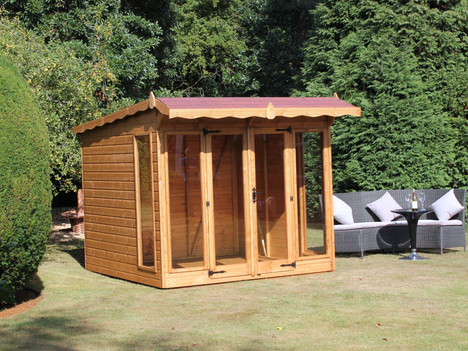 Wooden summerhouse with red roof tiles, large double doors, large front and side windows viewed from the left side. 