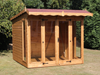 Wooden summerhouse with red roof tiles, large double doors, front and side windows viewed from the front. 