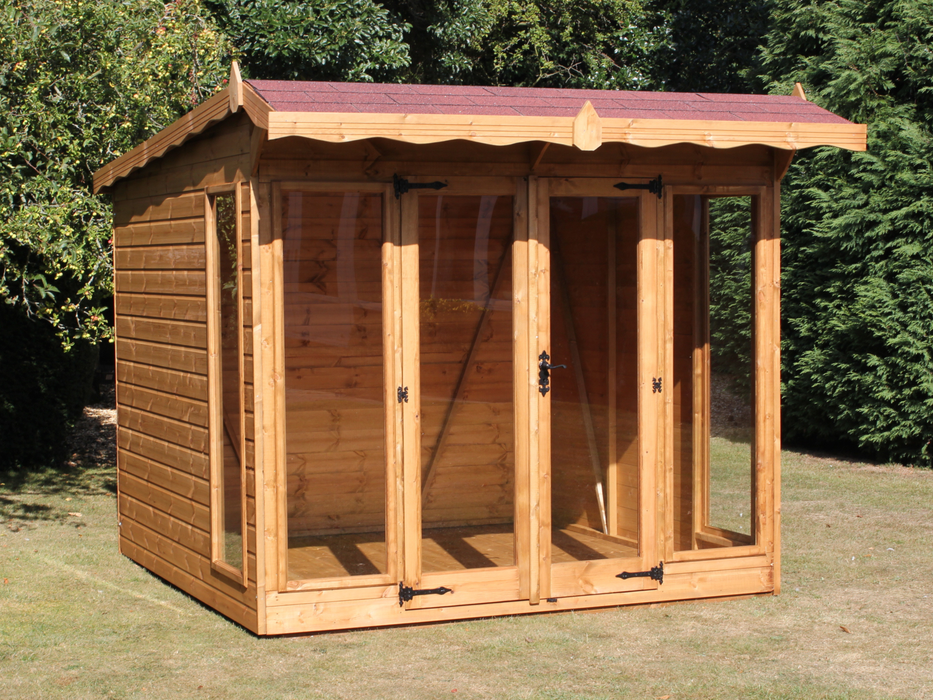 Wooden summerhouse with red roof tiles, large double doors, front and side windows viewed from the front. 
