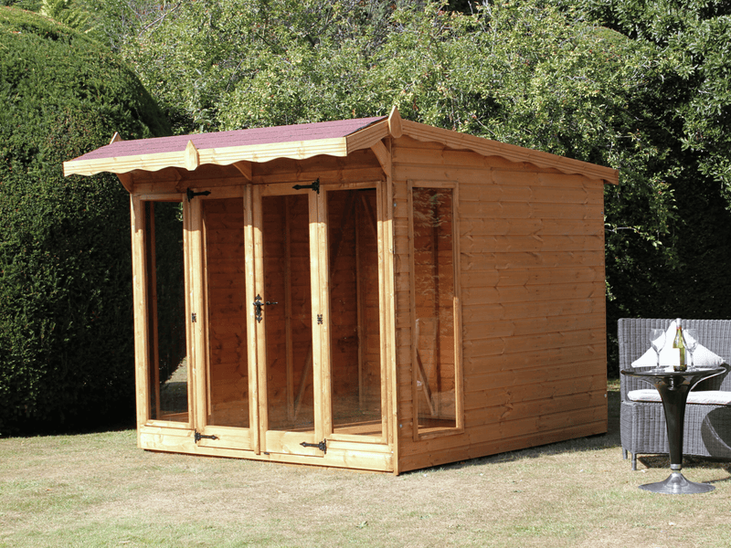 Wooden summerhouse with red roof tiles, large double doors, with front and side windows, viewed from the right side. 