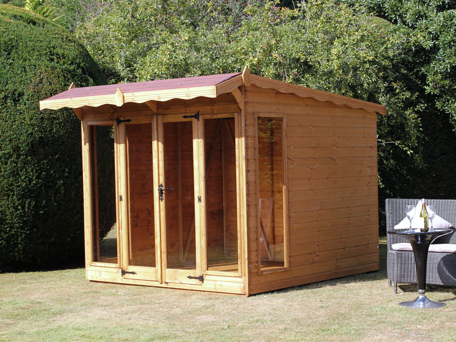 Wooden summerhouse with red roof tiles, large double doors, with front and side windows, viewed from the right side. 