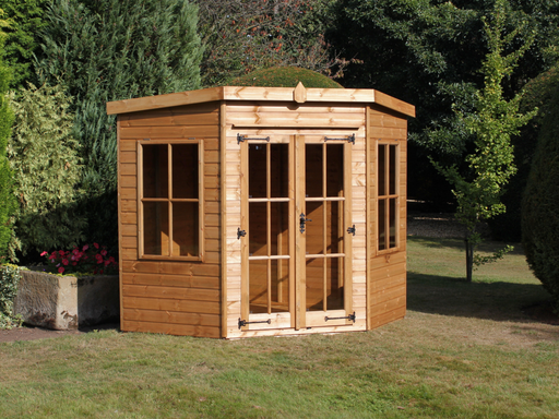 Wooden corner summerhouse with double doors, large side windows, viewed from the front. 
