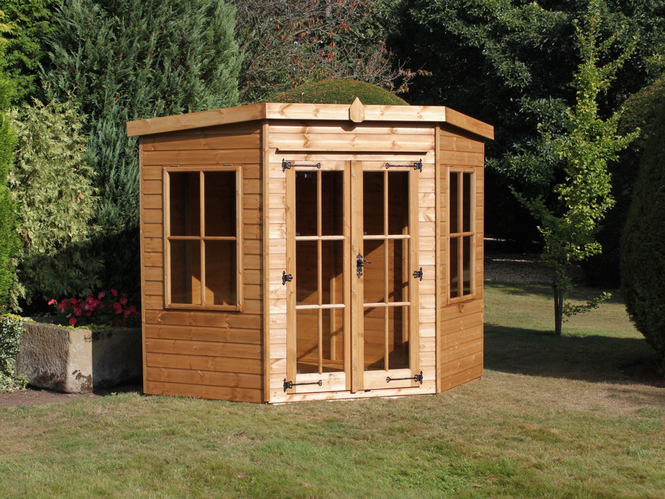 Wooden corner summerhouse with double doors, large side windows, viewed from the front. 
