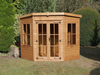 Wooden corner summerhouse with large double doors, side windows, viewed from the front. 