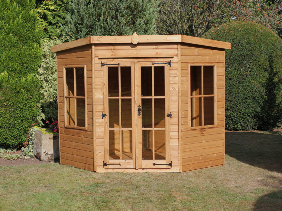 Wooden corner summerhouse with large double doors, side windows, viewed from the front. 