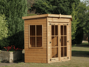 Wooden corner summerhouse with large double doors, large side windows, viewed from the left side. 