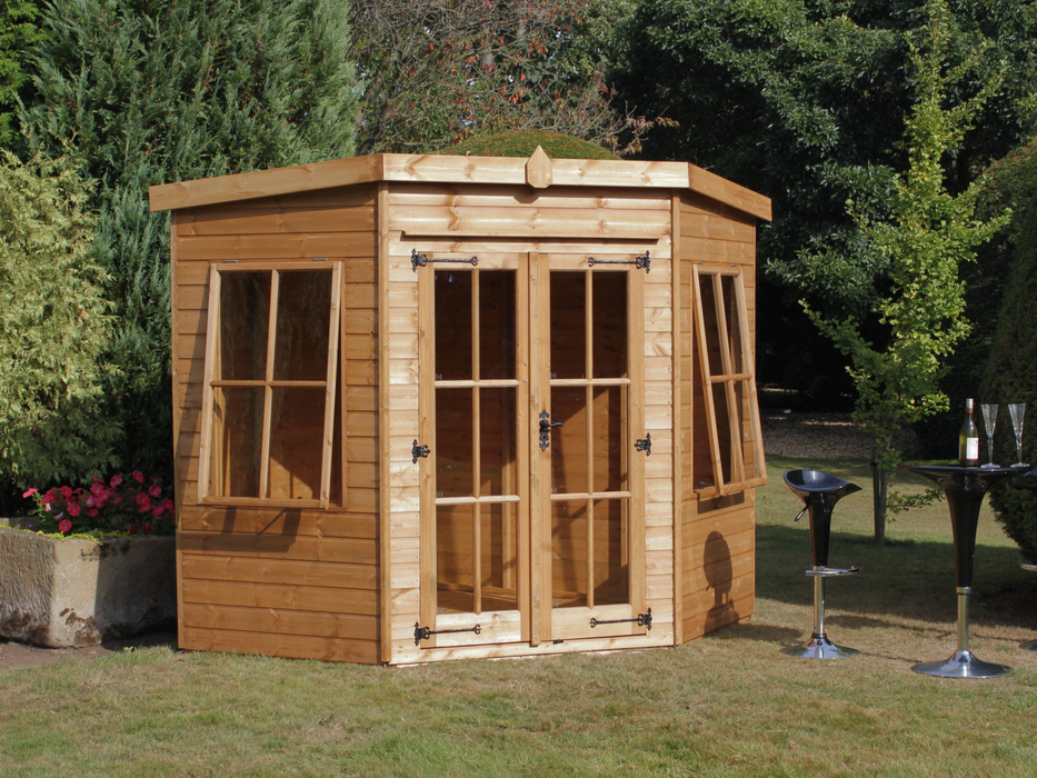 Wooden corner summerhouse with large double doors, side opening windows, viewed from the front. 