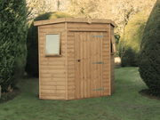 Wooden corner shed with side opening windows, single door, viewed from the left side.