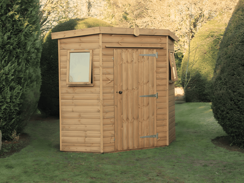 Wooden corner shed with side opening windows, single door, viewed from the left side.