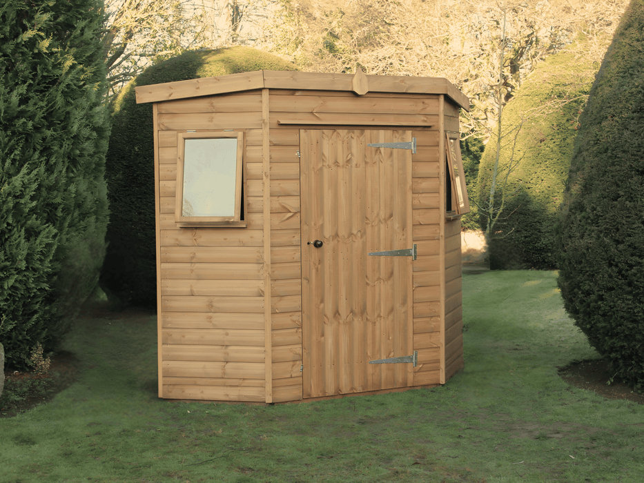 Wooden corner shed with side opening windows, single door, viewed from the left side.
