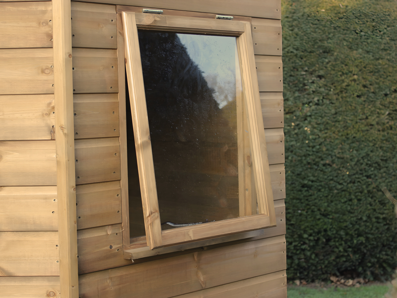 Close up of the side opening window on the right side of the corner shed. 