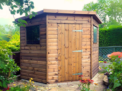 Corner Shed with a single door and two side windows, viewed from the front at a slight angle to the left