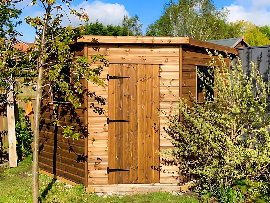 Corner Shed with a single door and two side windows, viewed from the front