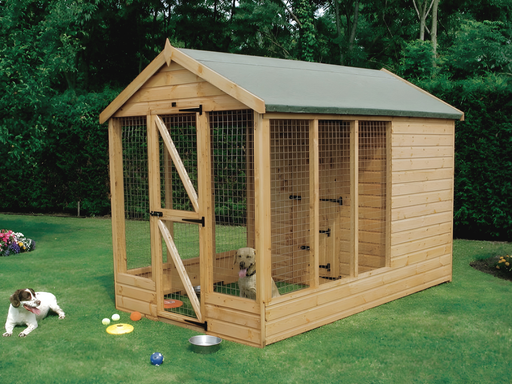 Kennel with two sections, one wooden door, one wire mesh door, outside area surrounded with wire mesh, viewed from the right side. 