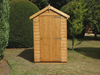 Classic wooden shed with apex style roof, single door. Viewed from the front. 