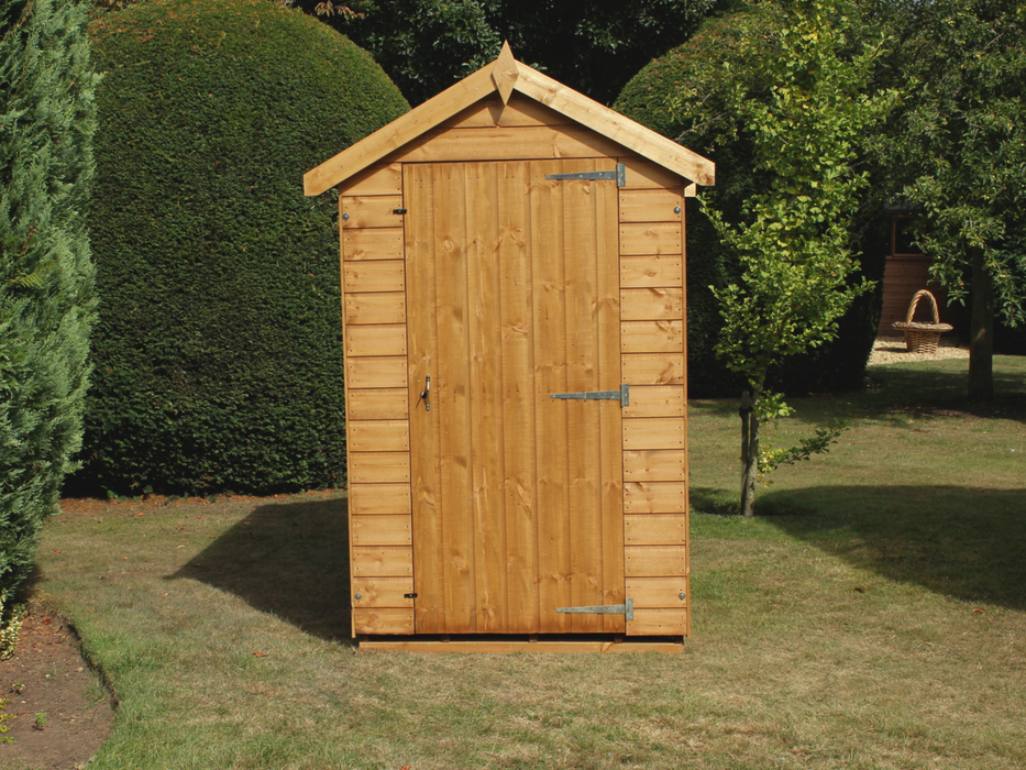Classic wooden shed with apex style roof, single door. Viewed from the front. 