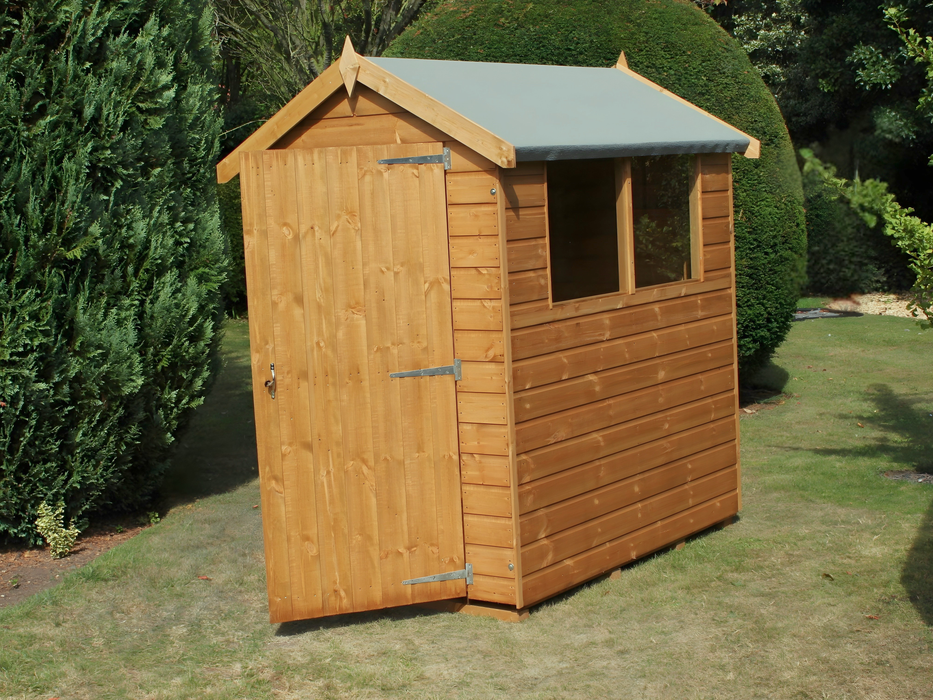 Classic wooden shed with apex style roof, single door, 2 side windows. Viewed from the front/right side. 