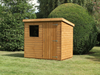 Classic wooden shed with pent style roof, single door at front, single window at front. Viewed from the front/right side. 